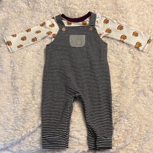 Mud Pie Thanksgiving Turkey Shirt and Striped Overalls 9-12M